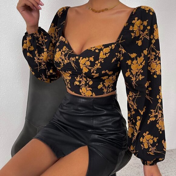 Multicolor Sexy Women's Floral Print Sweetheart Neck Lantern Sleeve Crop Blouse - Picture 5 of 5